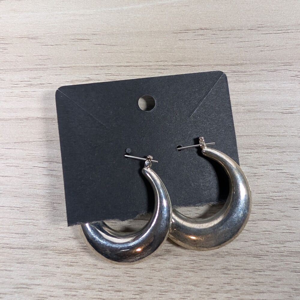 Silver Tone Thick Hoop Earrings Chunky Retro Minimalist Pierced Earrings
